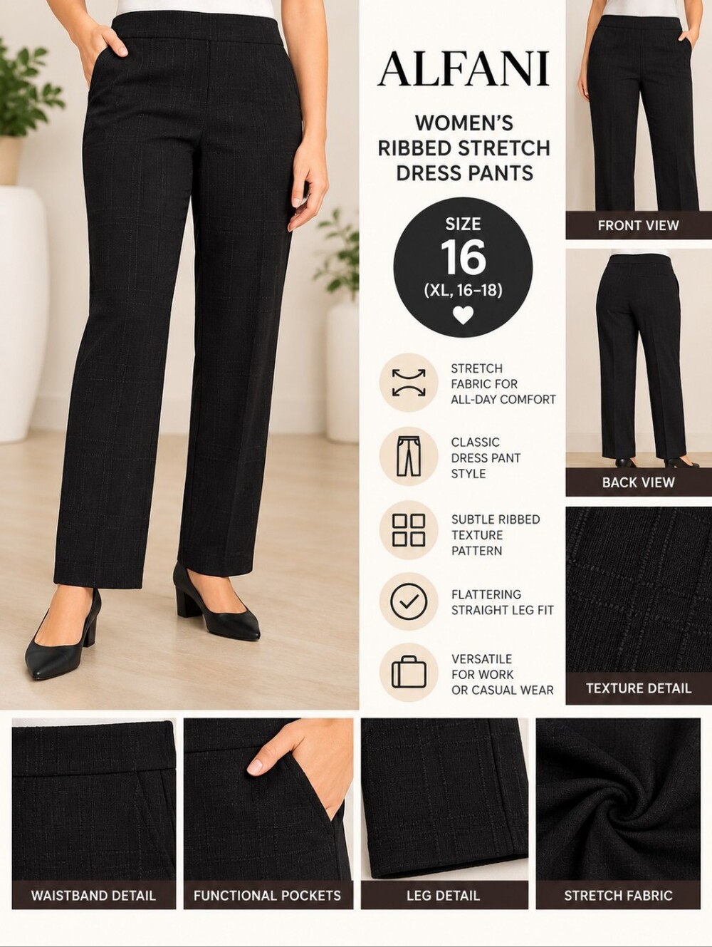 Alfani Women's size 16 black ribbed stretch dress pants #36